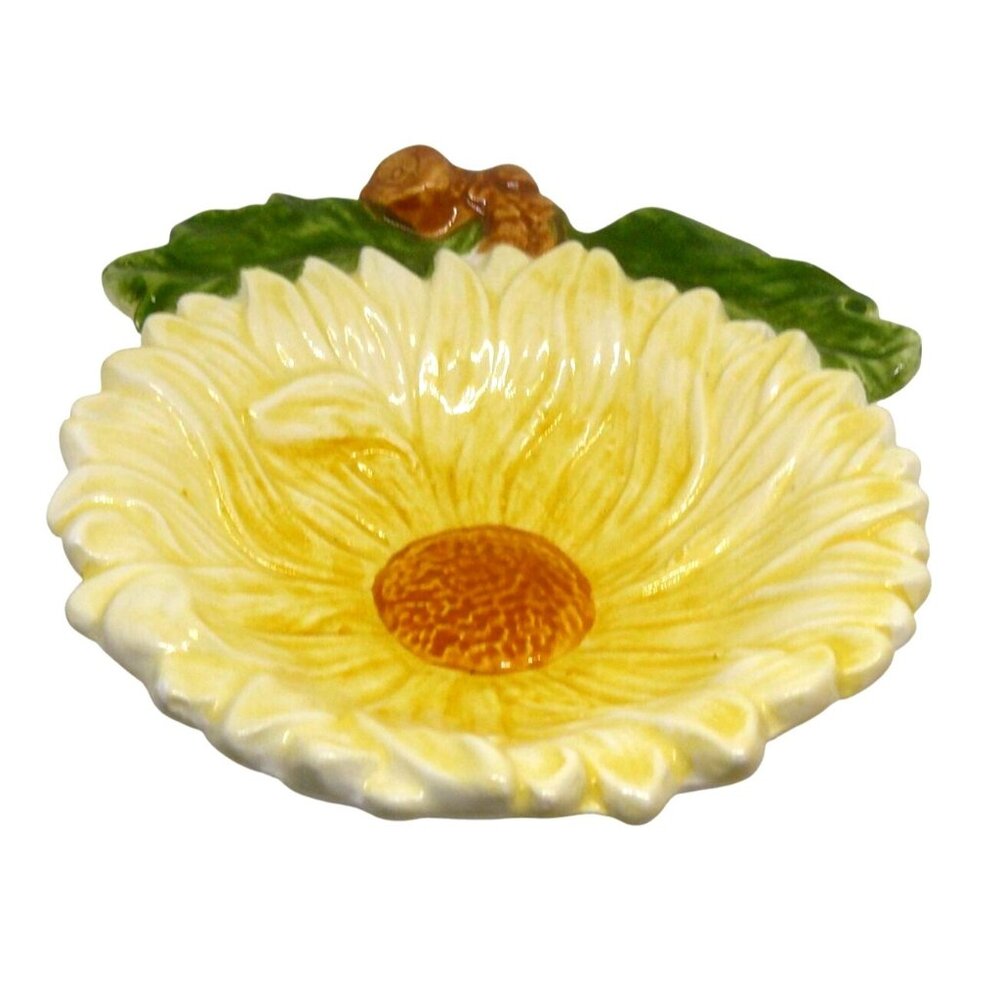 Hand-Painted Ceramic Sunflower Trinket Candy Bowl Leaf Detail & Raised Center Vi
